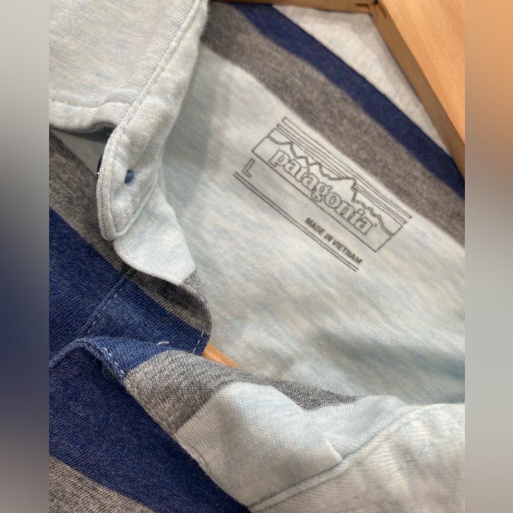Patagonia Men's Polo Shirt - Navy & Light Gray Stripes - Picture 3 of 4